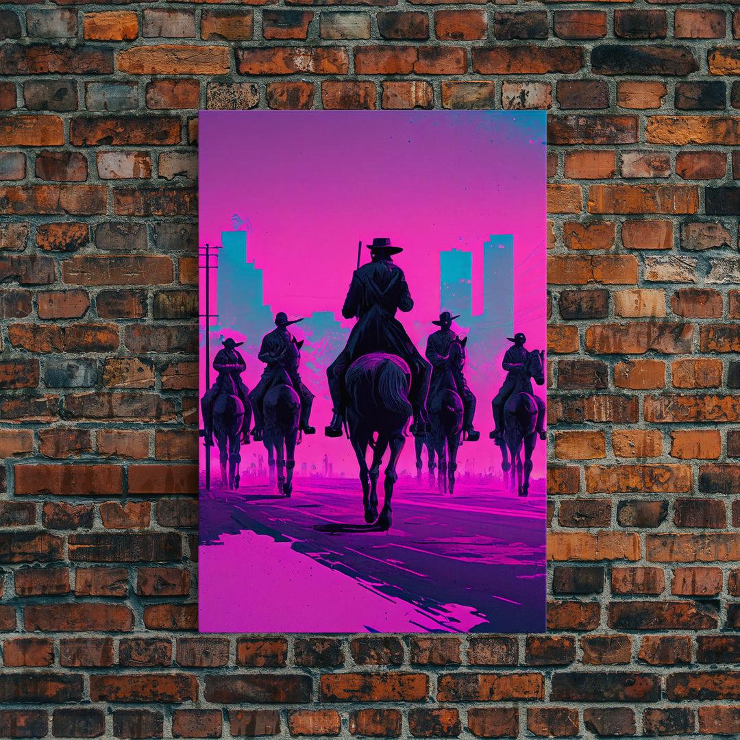 Post-Apocalyptic Cowboys, Vaporwave Aesthetic fantasy art, framed canvas print