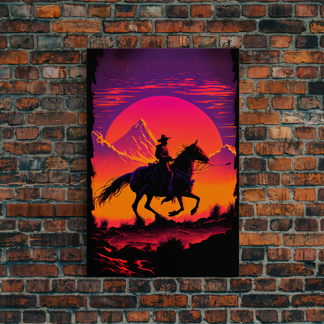 Outrun Style Wildwest Sunset Art, Framed canvas print, framed wall art, retro style western decor