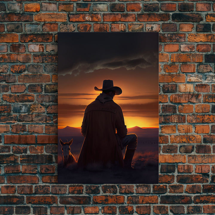 A cowboy and his horse at sunset, framed canvas art, canvas print, western decor, farmhouse art