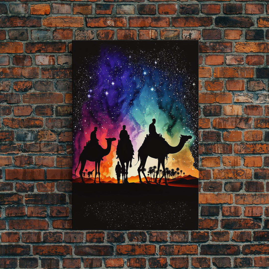 The Three Wise Men, Framed Canvas Print, Colorful Rainbow Art, 3 Wise Men, Camel Art, Starry Night Sky