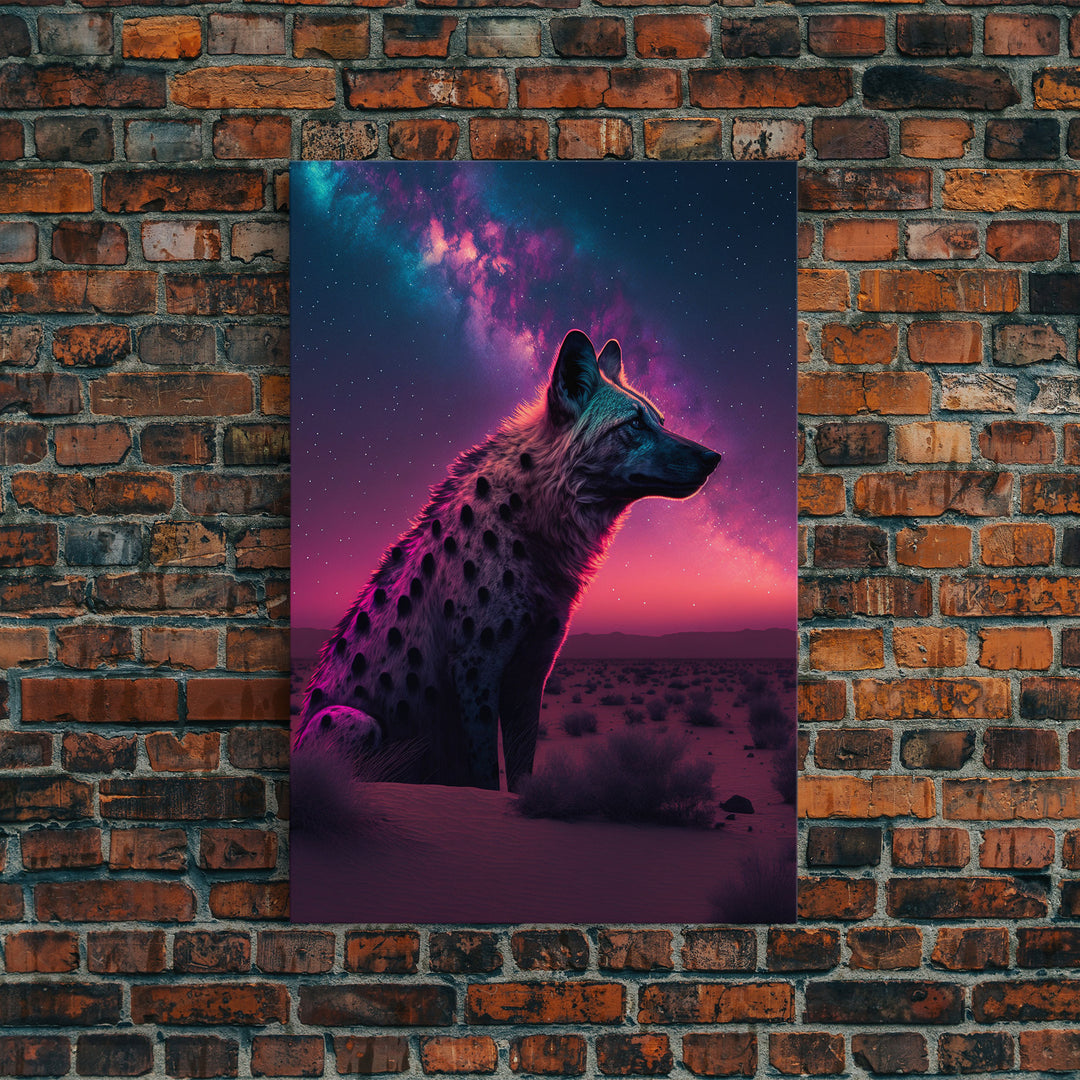 Portrait of a Neon Hyena, Laughing Hyenas, Framed Canvas Print, Unique Wall Art, Kid Room Art, Synthwave Retro Style Decor