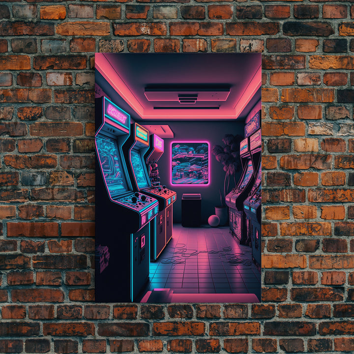 Neon Arcade, Gamer Room Decor, Unique Game Room Art, Framed Canvas Print, Synthwave Style Art, Vaporwave Gamer Art, Retrowave Arcade