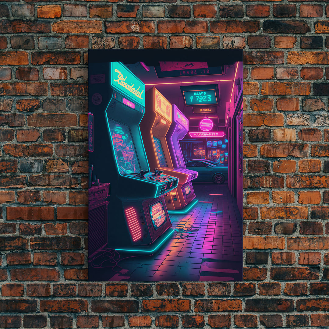 The Neon Arcade, Gamer Room Decor, Unique Game Room Art, Framed Canvas Print, Synthwave Style Art, Vaporwave Gamer Art, Retrowave Arcade