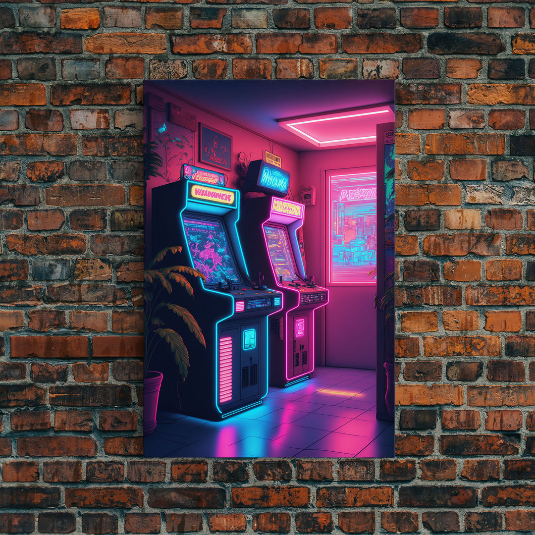 Retrowave Arcade Room, Neon Gamer Art, Framed Canvas Print, Framed Wall Art, Retrowave Arcade Decor, Game Room Art