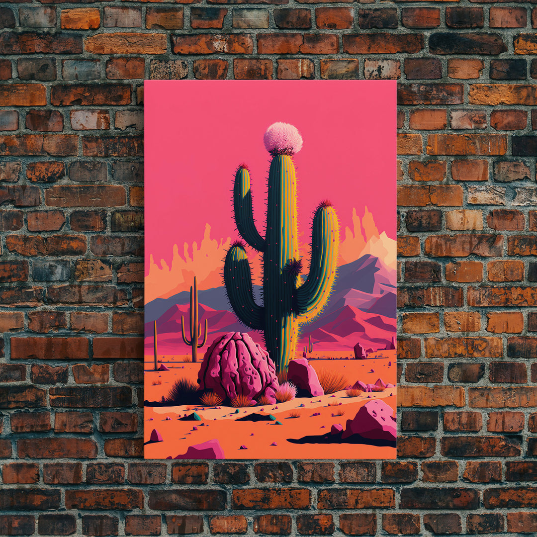 Mexico Cactus Art, Synthwave Pink Art, Framed Canvas Print, Southwest Saguaro Cactus Succulent Art, Western Decor