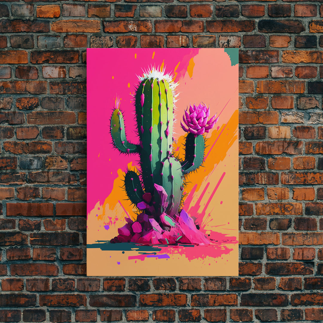 Pop Art Mexico Cactus Art, Synthwave Pink Art, Framed Canvas Print, Southwest Saguaro Cactus Succulent Art, Western Decor