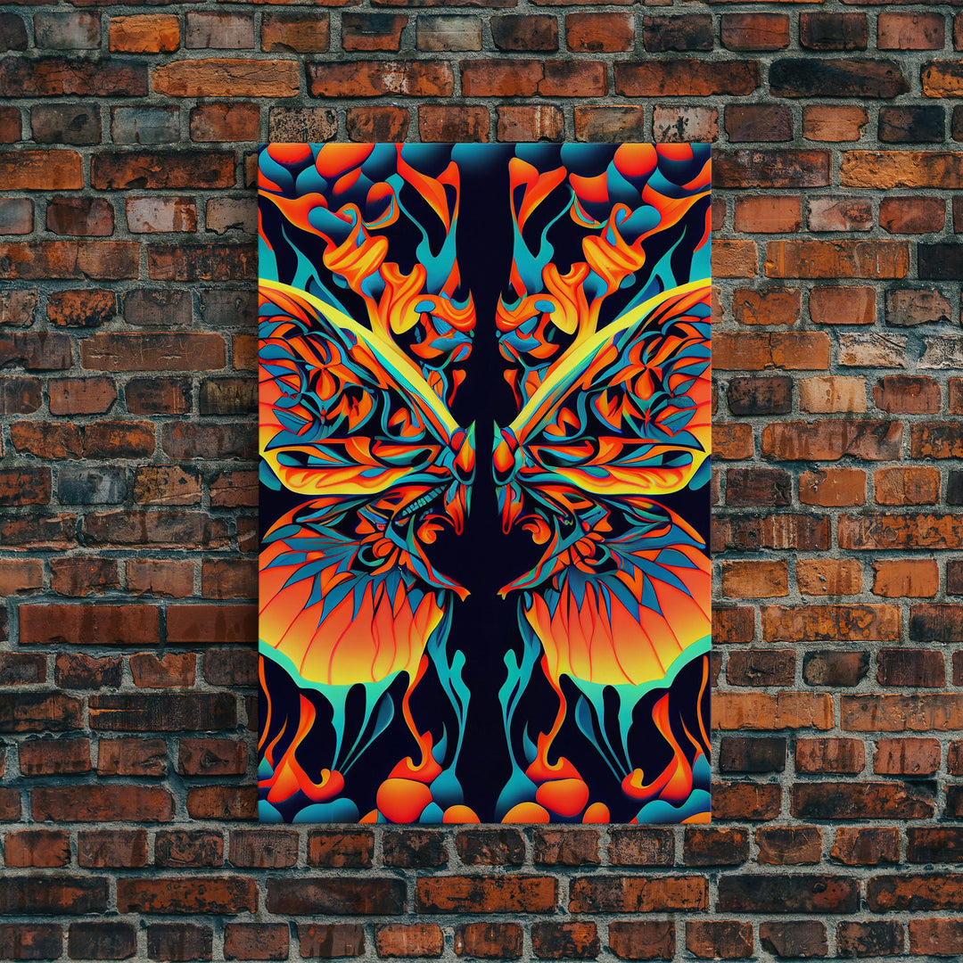 Butterfly Fire Rorschach Art, Dual Meaning, Framed Canvas Print, Optical Illusion Art