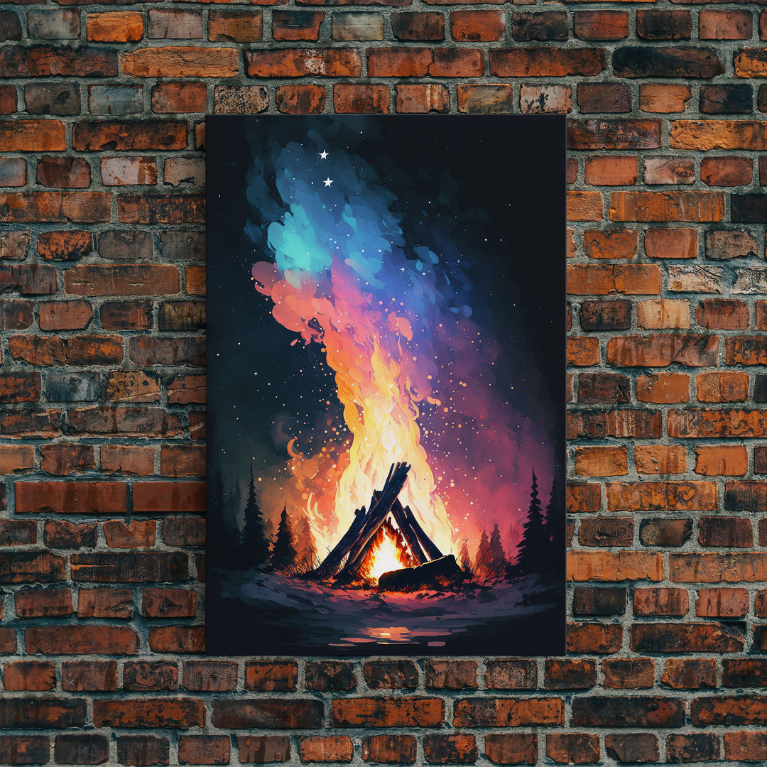 Campfire Print, Framed Canvas Art, Original Artwork, Hiking, Up North, Lake Life, Cabin Decor