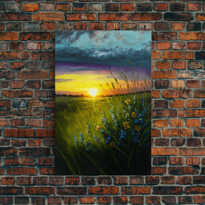 Sunset Over A Texas Field, Watercolor, Framed Canvas Print, Living Room Guest Room Art, Wall Decoration