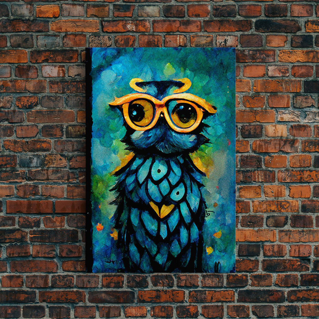 Wise Owl With Glasses Canvas Art - Owl Painting - Owl Wall Decor