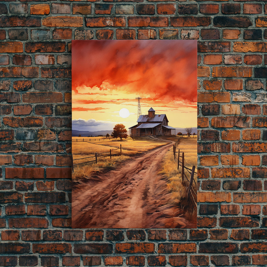 Sunset Over Kansas Farmhouse, Framed Canvas Print or Poster