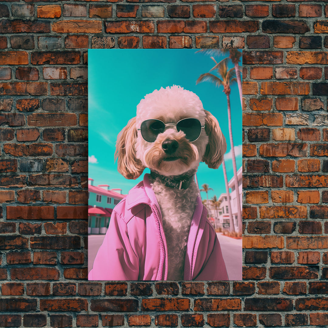 Poodle Dog Wall Print, Dog Wall Art, Dog With Shades, Pink Shirt, Funny Wall Art, Framed Wall Art, Framed Canvas, Wall Print, Wall Canvas