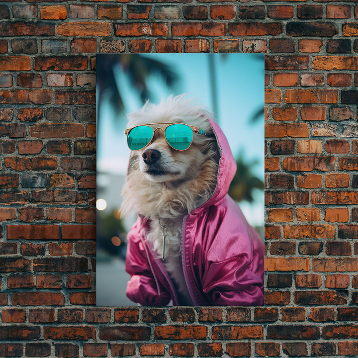 Pomeranian Wall Print, Dog Wall Art, Dog With Shades, Pink Shirt, Funny Wall Art, Framed Wall Art, Framed Canvas, Wall Print, Wall Canvas