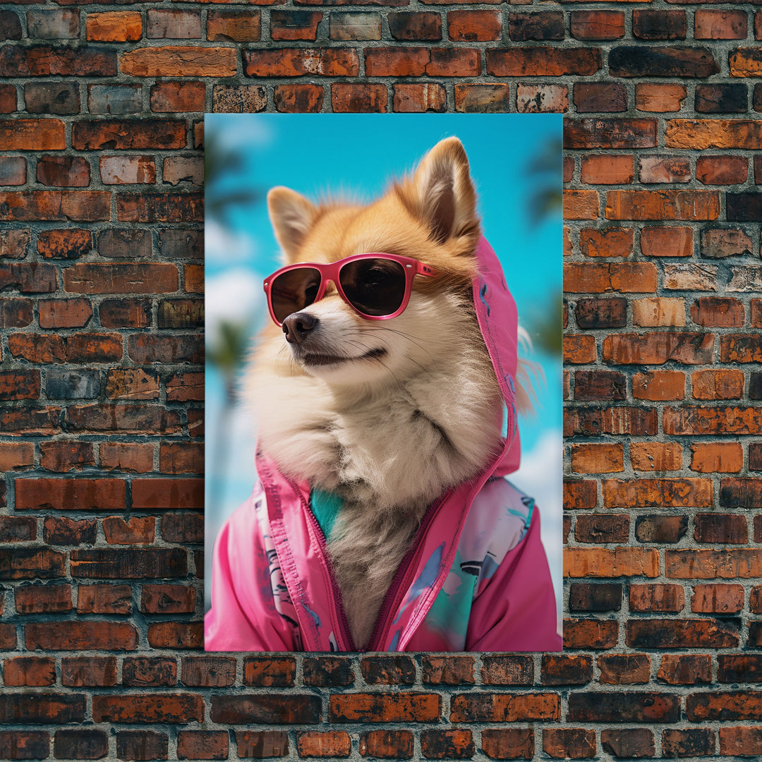 Pomeranian Wall Print, Dog With Shades, Dog Wall Art, Pink Shirt, Funny Wall Art, Framed Wall Art, Framed Canvas, Wall Print, Wall Canvas