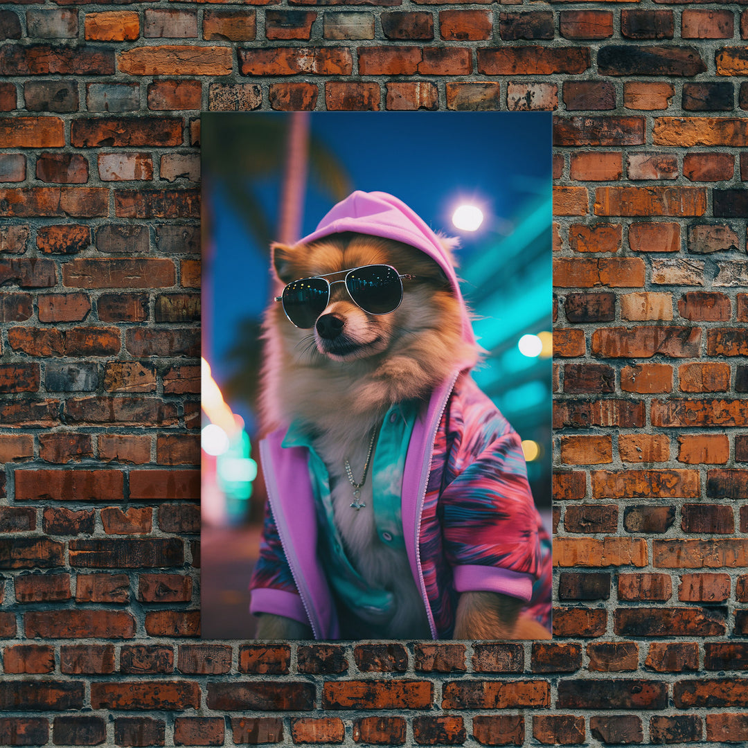 Pomeranian Wall Print, Dog Wall Art, Dog With Shades, Pink Hoodie, Funny Wall Art, Framed Wall Art, Framed Canvas, Wall Print, Wall Canvas