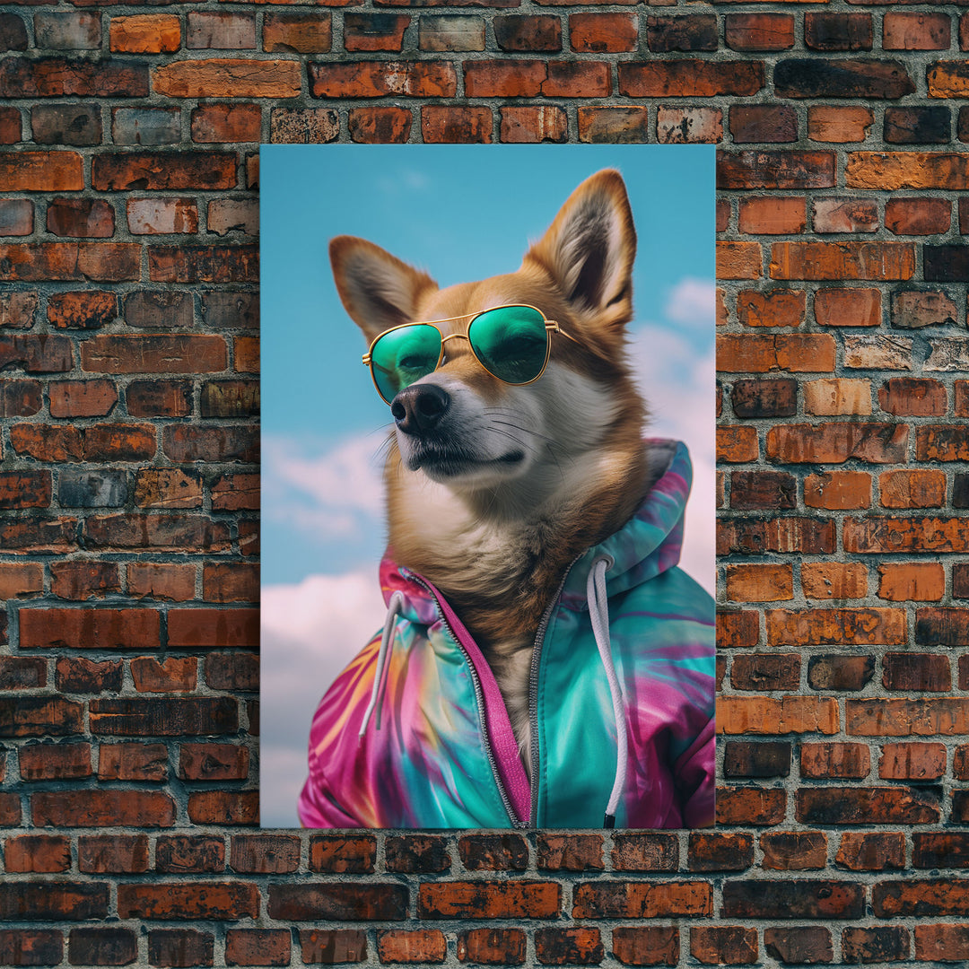 Shiba Inu Wall Print, Dog Wall Art, Dog With Shades, Colorful Hoodie, Funny Art, Framed Wall Art, Framed Canvas, Wall Print, Wall Canvas