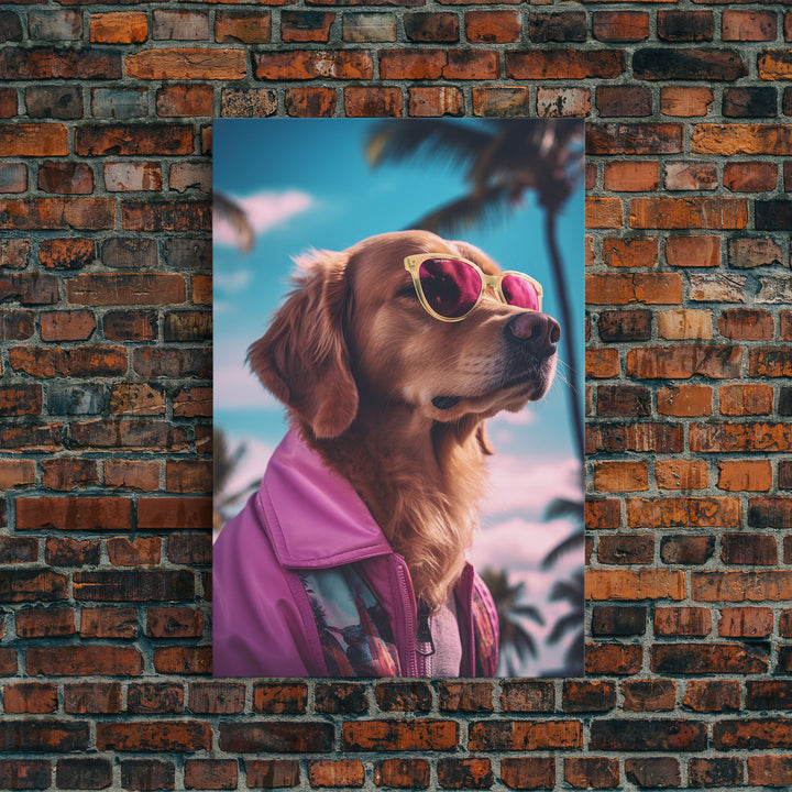 Golden Retriever Wall Print, Dog Wall Art, Dog With Shades, Pink Hoodie, Funny Art, Framed Wall Art, Framed Canvas, Wall Print, Wall Canvas