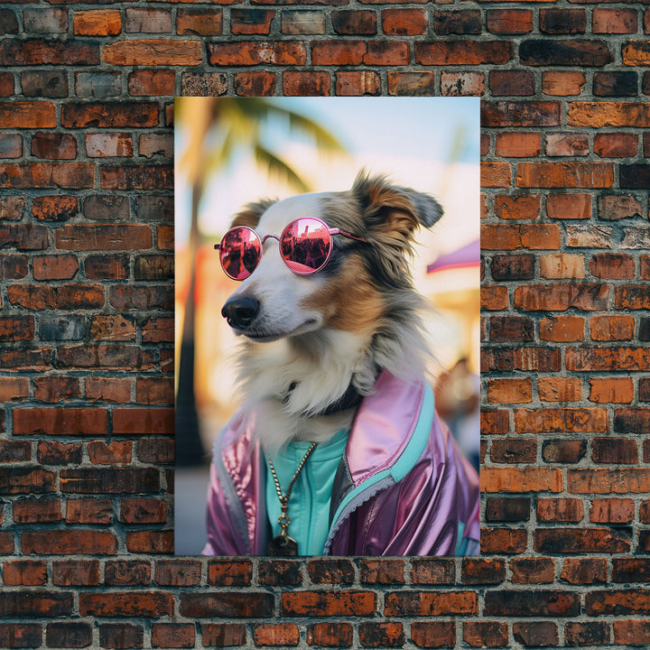 Border Collie Wall Print, Dog Wall Art, Dog With Shades, Pink Hoodie, Funny Art, Framed Wall Art, Framed Canvas, Wall Print, Wall Canvas