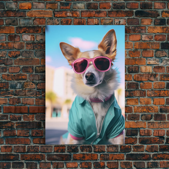 Corgi Wall Print, Dog Wall Art, Dog Sunglasses, Teal Shirt, Funny Wall Art, Framed Wall Art, Framed Canvas, Wall Print, Wall Canvas