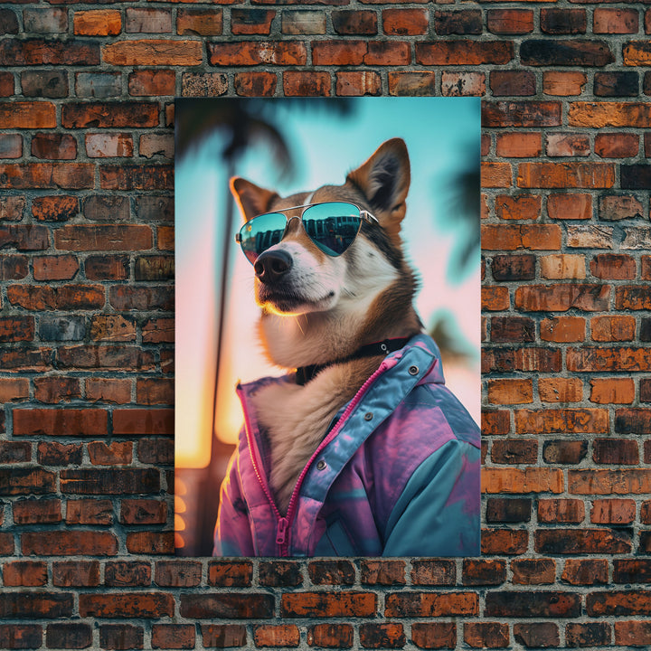 Shiba Inu Wall Print, Dog Art, Dog Sunglasses, Pink Teal Hoodie, Funny Wall Art, Framed Wall Art, Framed Canvas, Wall Print, Wall Canvas