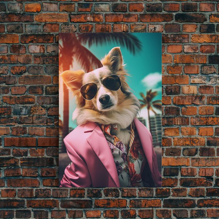 Corgi Wall Print, Dog Wall Art, Dog Sunglasses, Pink Suit, Floral Shirt, Funny Art, Framed Wall Art, Framed Canvas, Wall Print, Wall Canvas