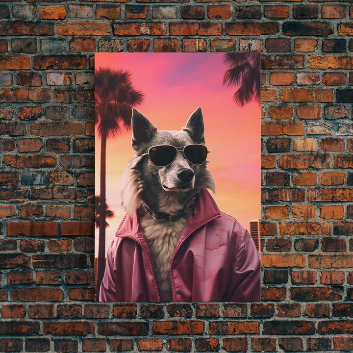 Wolfdog Wall Print, Dog Wall Art, Dog Sunglasses, Dog In Pink Jacket, Funny Art, Framed Wall Art, Framed Canvas, Wall Print, Wall Canvas