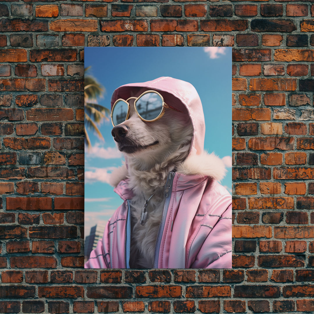 Japanese Spitz In Sunglasses Pink Hoodie Wall Print, Dog Portrait, Dog Art Print, Framed Wall Art, Framed Canvas, Wall Print, Wall Canvas