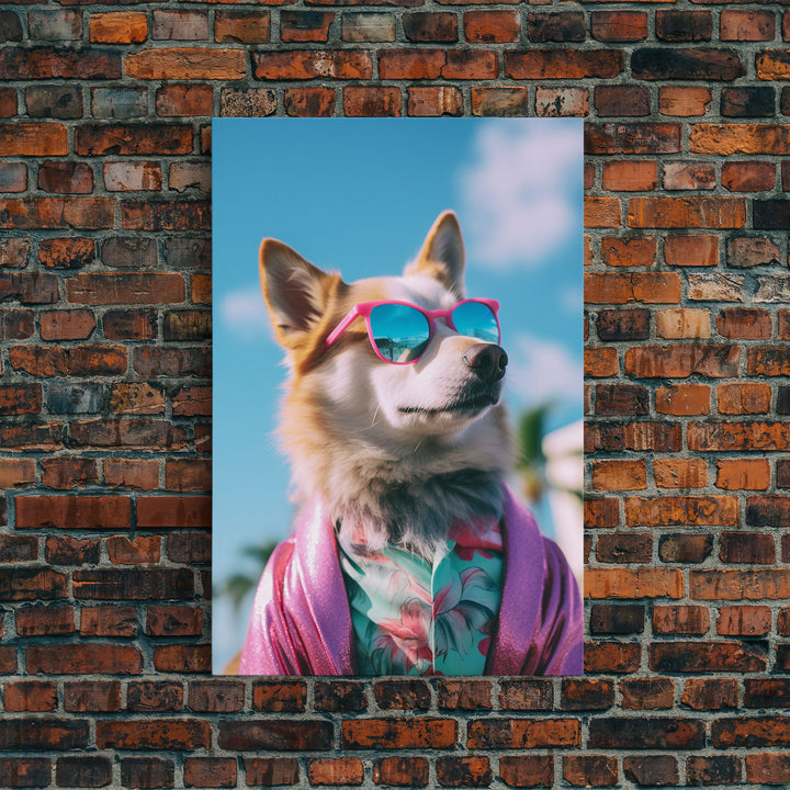 Corgi In Pink Suit Sunglasses Wall Print, Animal Print, Dog Portrait, Dog Art Print, Framed Wall Art, Framed Canvas, Wall Print, Wall Canvas