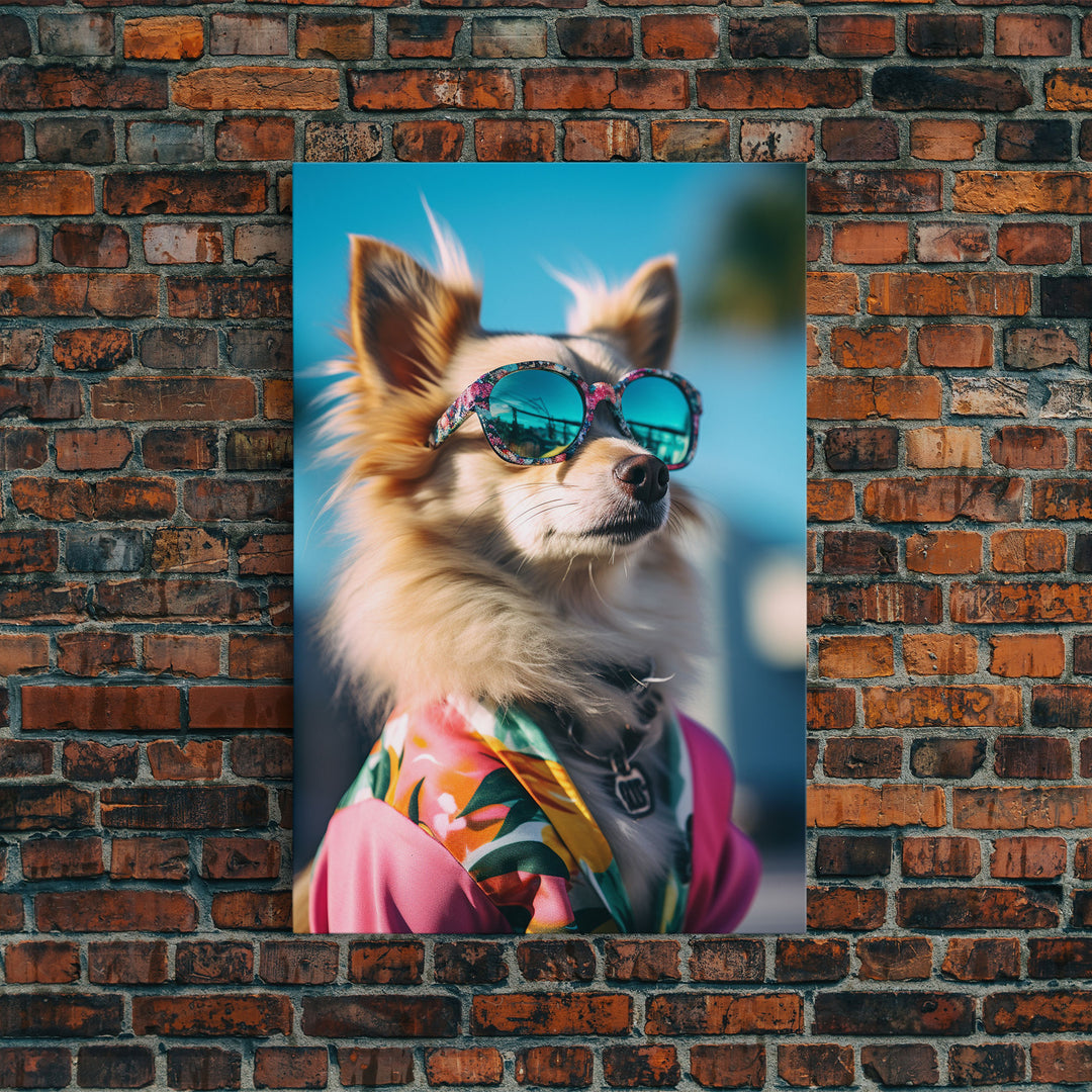 Long Haired Chihuahua In Pink Suit Sunglasses Wall Print, Dog Portrait, Dog Print, Framed Wall Art, Framed Canvas, Wall Print, Wall Canvas