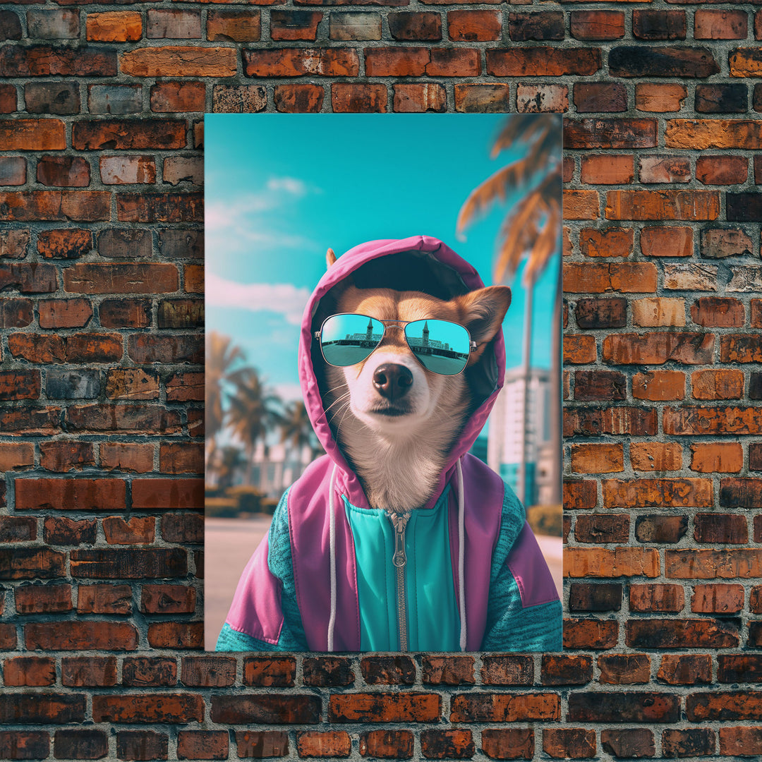 Corgi In Pink And Blue Hoodie Sunglasses Wall Print, Dog Art Print, Dog Portrait, Framed Wall Art, Framed Canvas, Wall Print, Wall Canvas