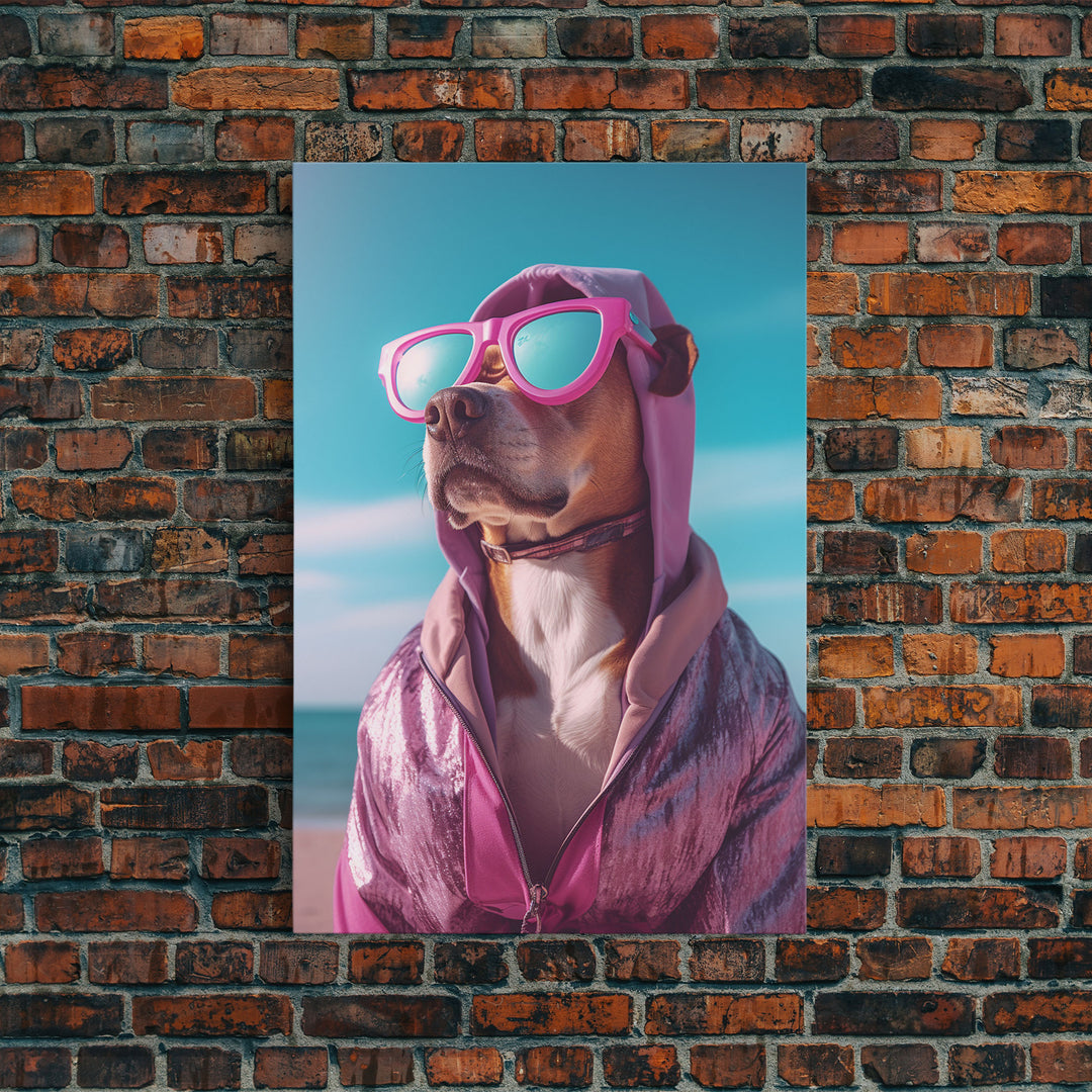 Pit Bull In Pink Hoodie Sunglasses Wall Print, Dog Décor, Dog Print, Dog Portrait, Framed Wall Art, Framed Canvas, Wall Print, Wall Canvas