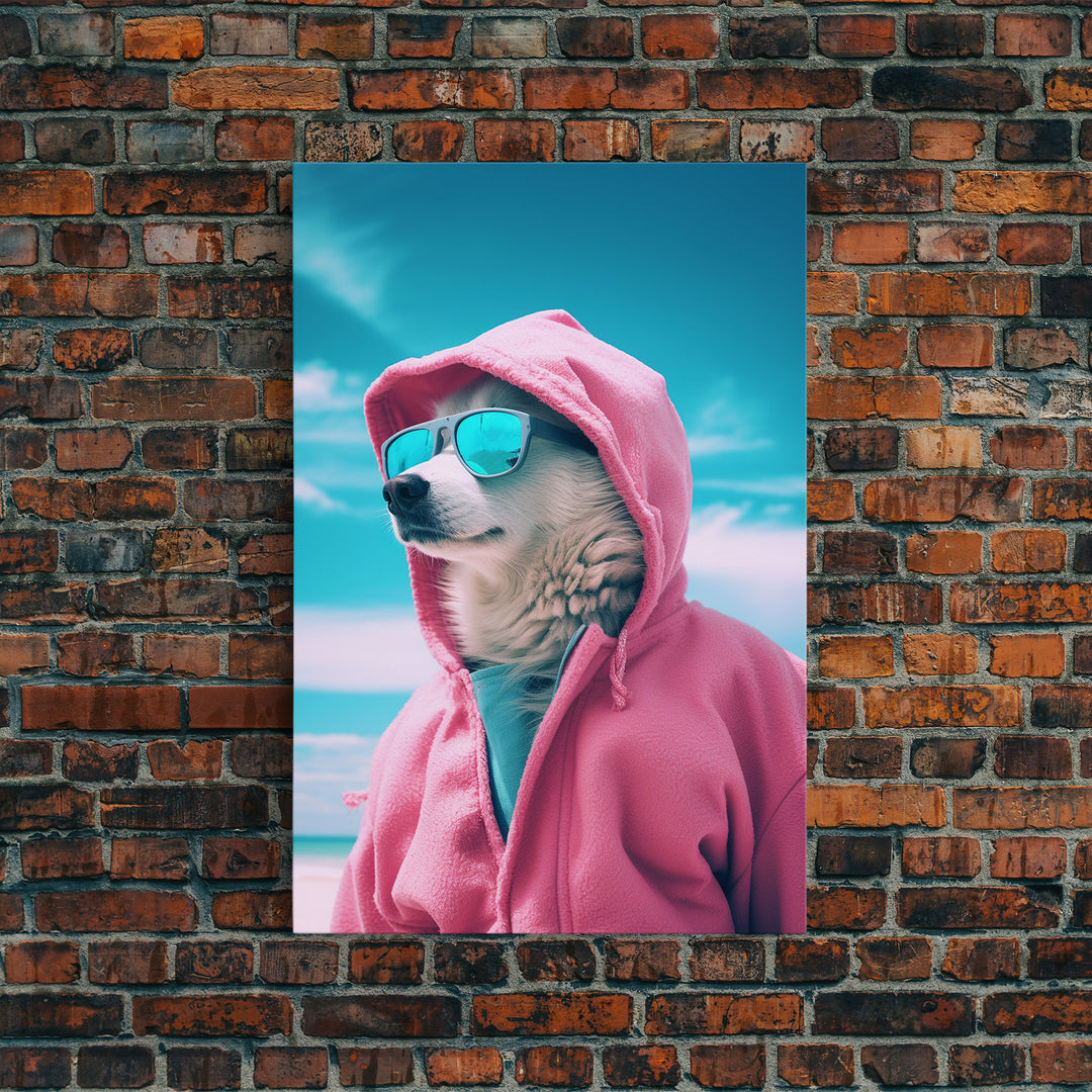 Husky In Pink Hoodie Sunglasses Wall Print, Dog Décor, Dog Print, Dog Portrait, Framed Wall Art, Framed Canvas, Wall Print, Wall Canvas