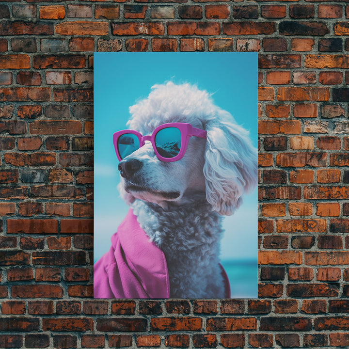 Poodle In Pink Shirt Sunglasses Wall Print, Beach Art, Dog Print, Dog Portrait, Framed Wall Art, Framed Canvas, Wall Print, Wall Canvas