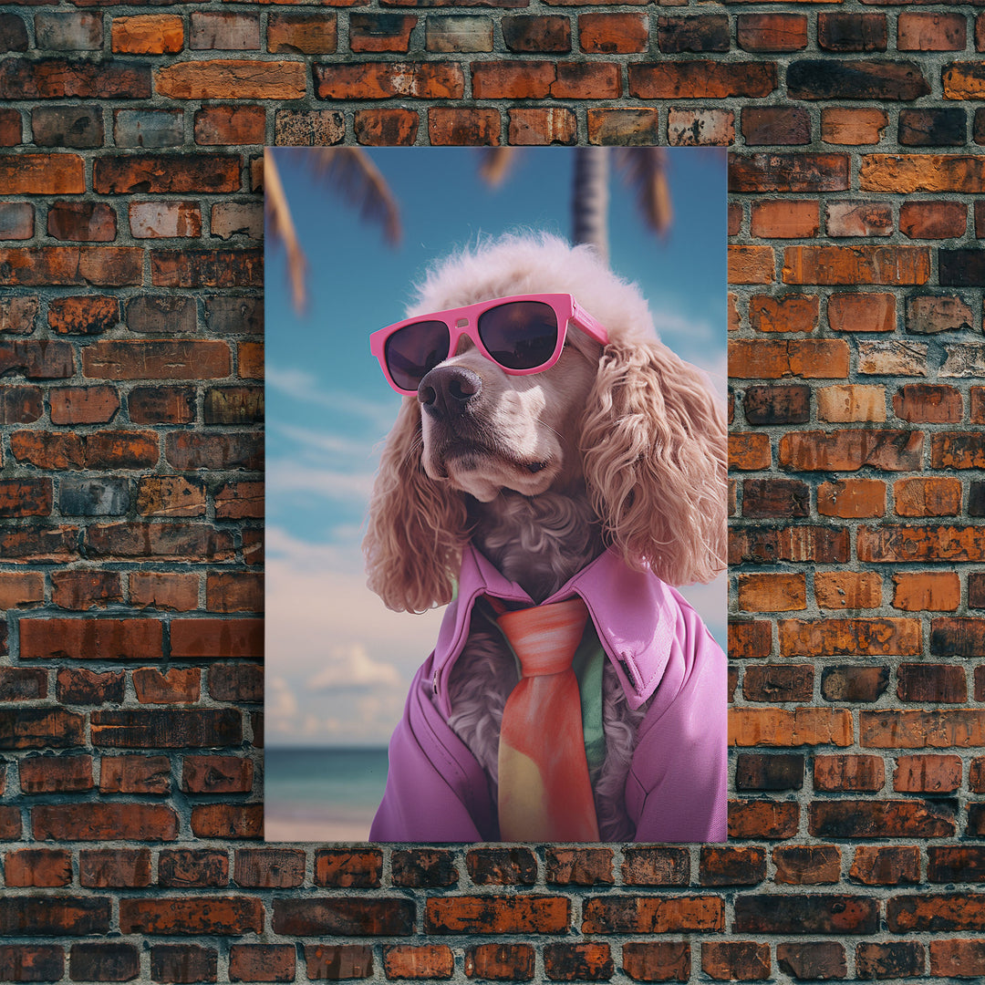 Poodle In Pink Shirt Sunglasses Wall Print, Beach Art, Dog Print, Dog Portrait, Framed Wall Art, Framed Canvas, Wall Print, Wall Canvas