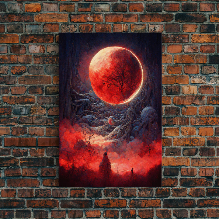 Spooky Horror Canvas Print, Bloodmoon Sunset, Blood moon, Halloween Wall Art, Cosmic Horror, Ready To Hang