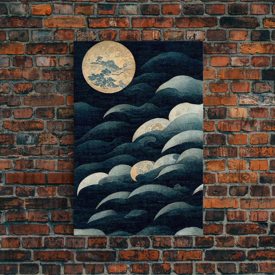 Japanese Style Wall Art, A Stormy Sea and Full Moon, Canvas Print, ready to hang wall art