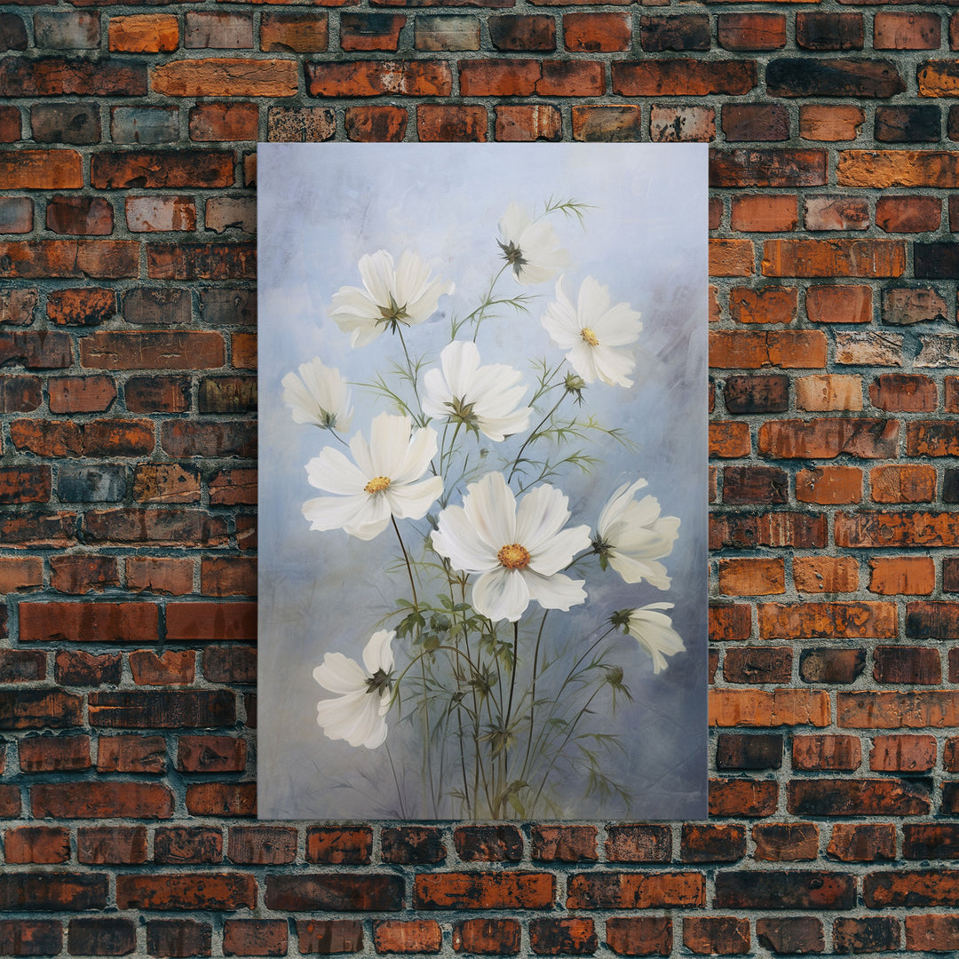 Cosmos Art Print - Framed Canvas Art - Oil Painting Poster Print  - White Flowers Still Life - Small Flower Bouquet Oil Painting Wall Art