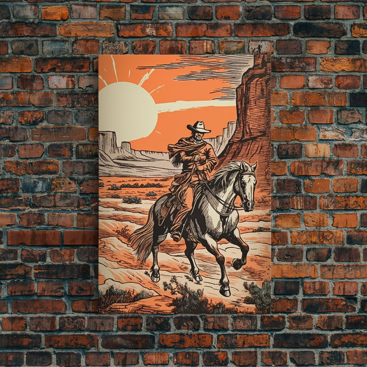 Rustic Horse Rider Oil Painting Canvas Print, Vintage Western Cowboy Art, Southwest Room Decor, Countryside Print, Country Art