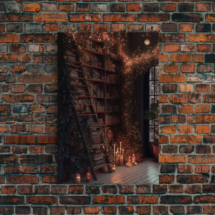 The Winter Library, Victorian Era Library with Ladder Art, Framed Canvas Print, Unique wall decor