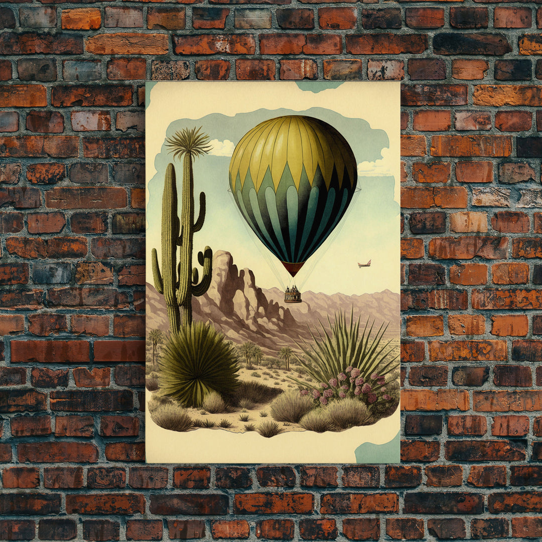 Retro Art Deco Style Hot Air Balloon Art, Framed Canvas print, framed wall art, desert landscape with cactus