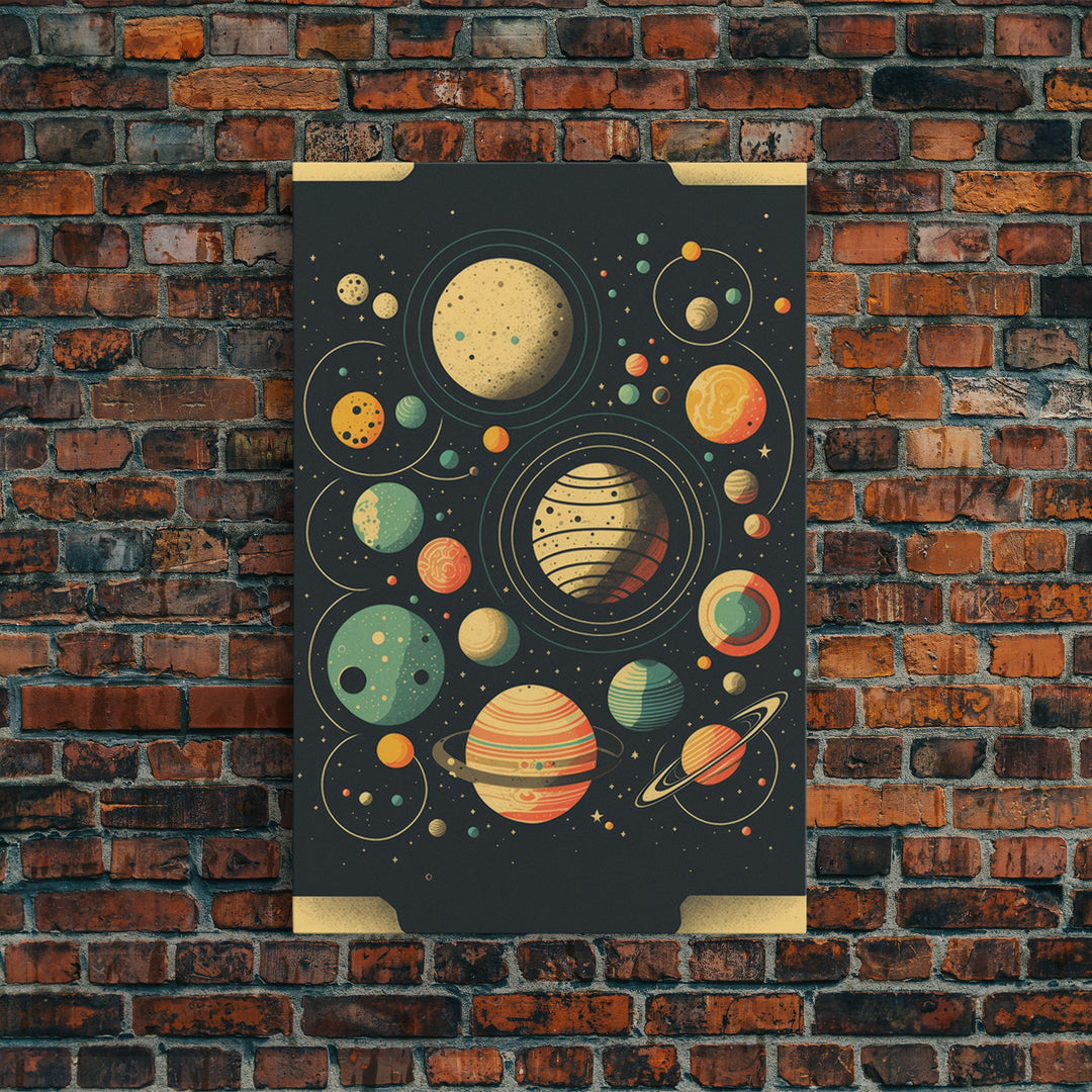 Art Deco Inspired Planetary Solar System Art, Framed Canvas Print, Cute Nursery Decor