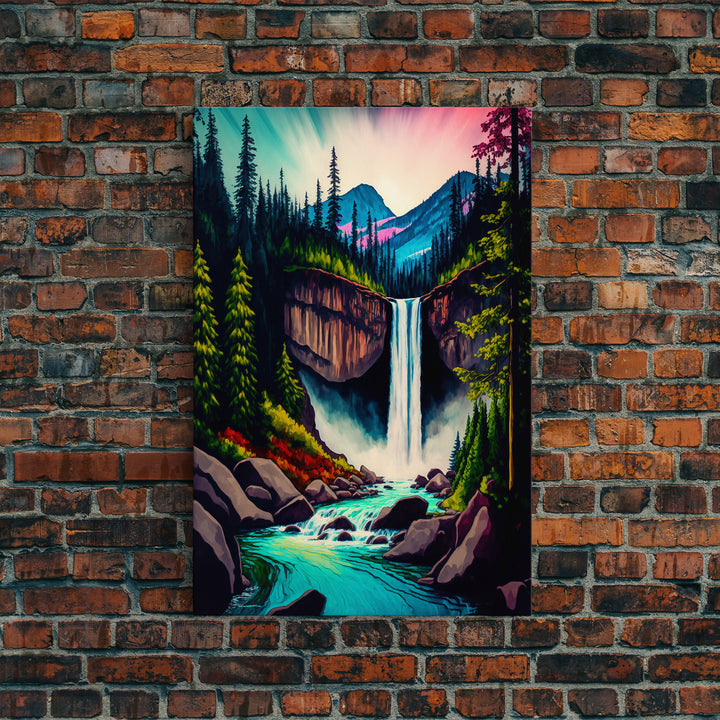 Yellowstone, Watercolor of a secret forest waterfall, framed canvas print, fantasy wall decor