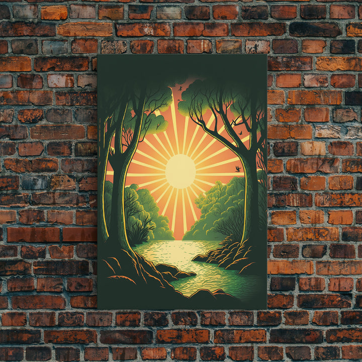 Retro Style Sunset Art, Art Deco Style Landscape Decor, Framed Canvas Print, Sunrise Golden Hour Art