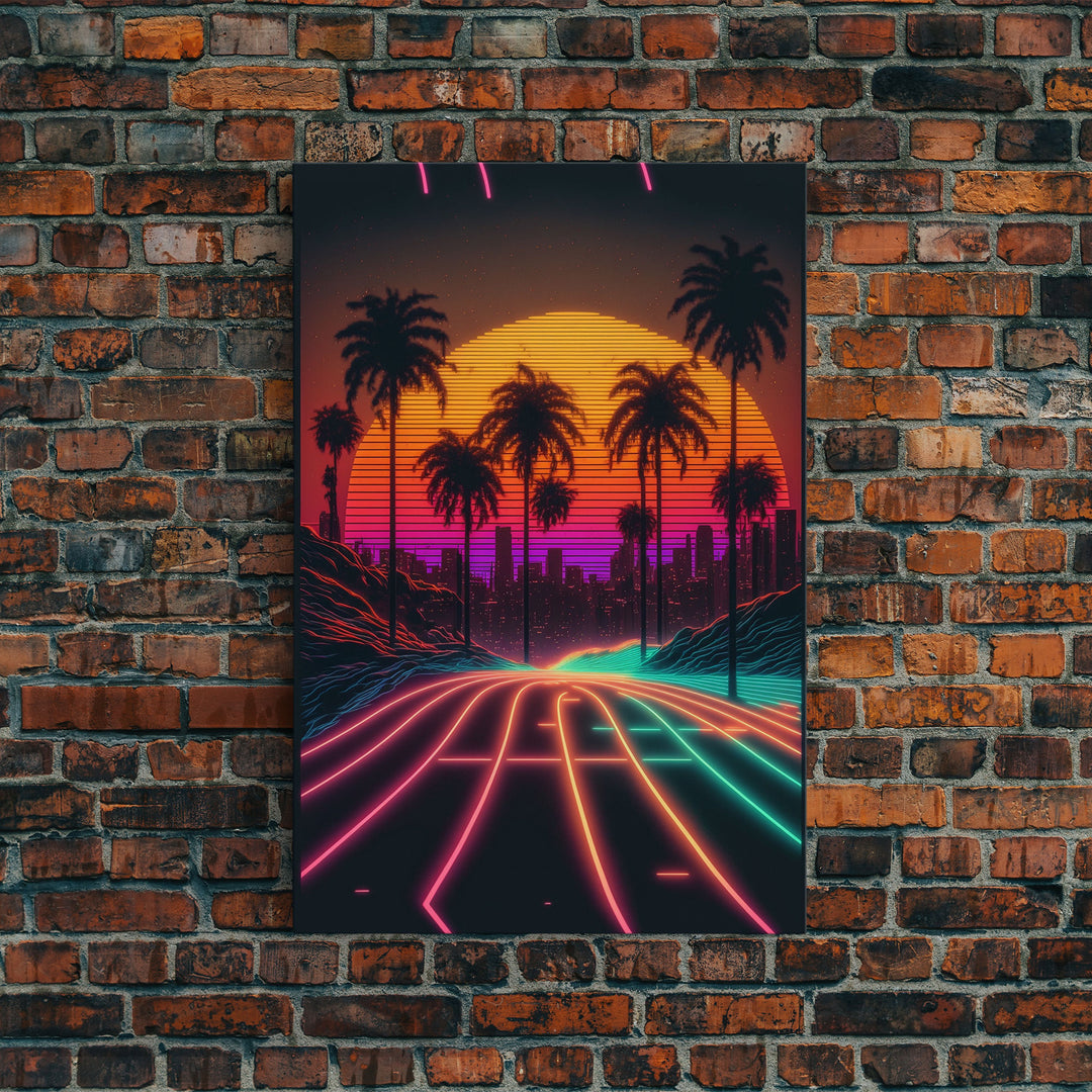 Neon Wireframe Road at Sunset, Outrun / Synthwave Palm Tree Art, 80s Retro Inspired Art, Framed Canvas Print