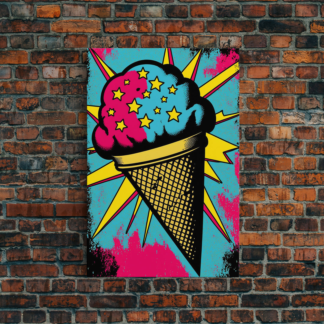 Pop Art Ice Cream, Psychedelic Ice cream cone, framed canvas print, large wall art, wall decoration, ice cream shop art