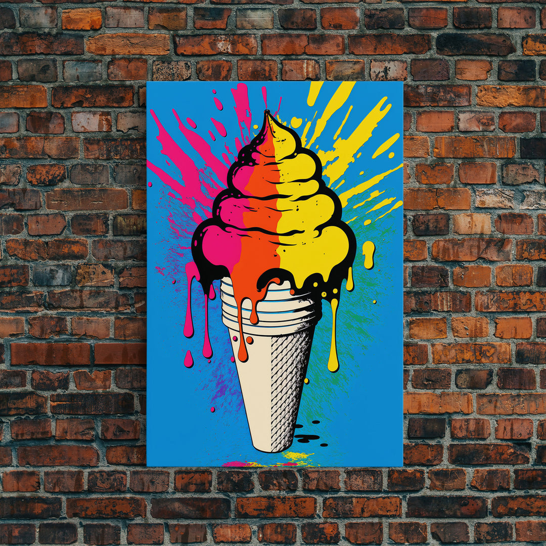 Pop Art Graffiti Ice Cream, Framed Canvas Print, Unique Colorful Wall Art, Paint Splatter Graffiti art, large wall art home decor