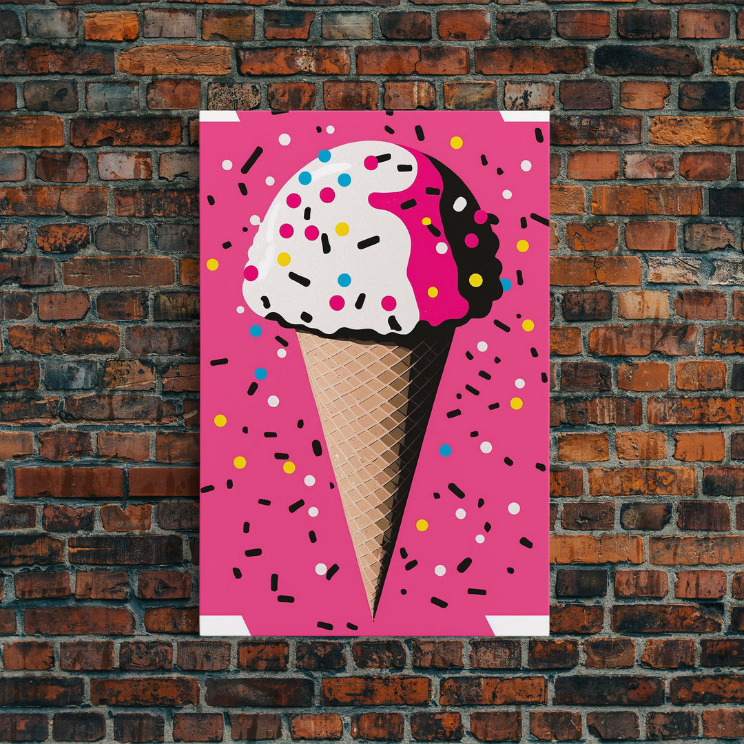 Pop Art Graffiti Ice Cream With Sprinkles, Framed Canvas Print, Colorful Wall Art, Paint Splatter Graffiti art, large wall art home decor