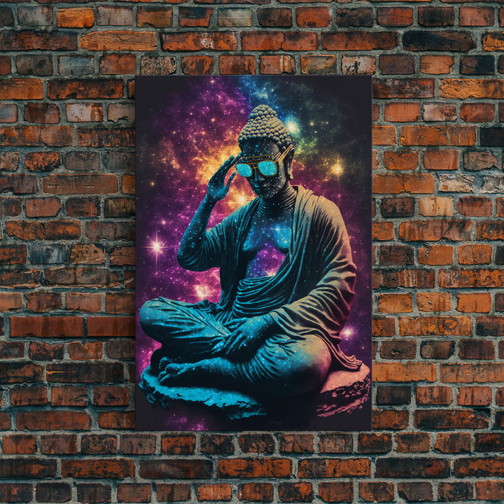 Psychedelic Buddha Wearing Aviators / Sunglasses, Meditation Art, Framed Canvas Print