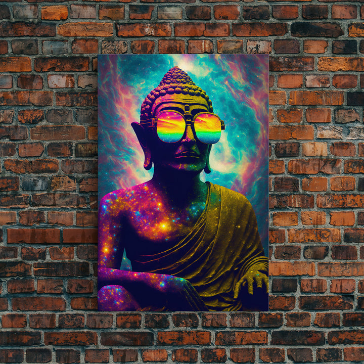 Open Your Mind, Psychedelic Buddha Wearing Aviators / Sunglasses, Meditation Art, Framed Canvas Print, Color Pop Art