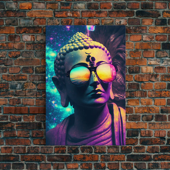 Open Your Mind, Psychedelic Buddha Statue Wearing Aviators / Sunglasses, Meditation Art, Framed Canvas Print, Color Pop Art